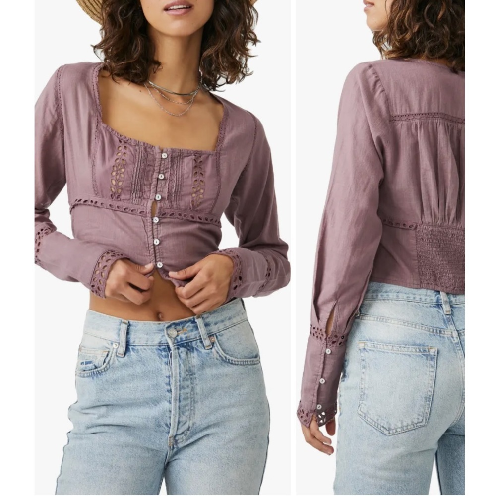 FREE PEOPLE Joi Eyelet Crop Blouse Cotton Buttons Boho Breezy Lightweight Lace